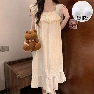 야오야오 여성용 일체형 캡내장 프릴 리본 나시 원피스 잠옷