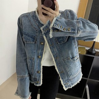 패션 트렌드 여성 청 자켓 노카라 클래식 트위드 데님 숏 코트 금속 단추 포인트 고급 데님자켓