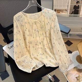 지고다그 플라워 쉬폰 블라우스 여성 꽃문늬 긴팔 루즈핏 리본끈 데일리 상의 SX69671