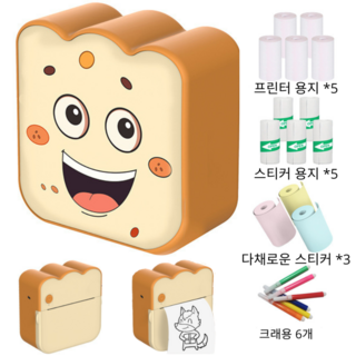 미니 프린터기 블루투스 무선 휴대용 포토 프린터 매모지 미니 라벨기 감열지 포함 크레용 6개 포함, 1세트, mini pocket printer