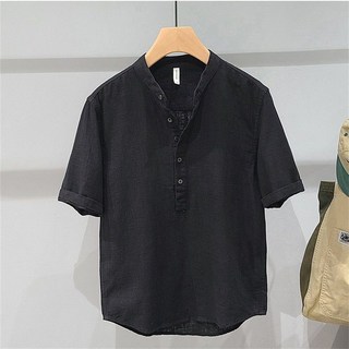 Vezri 남성용 봄 여름 솔리드 컬러 빈티지 린넨 헨리넥 심플한 면 마 쿨링 반팔 티셔츠 222 WHY222