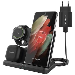 Mankiw맨큐 3in1 무선충전기 거치대 갤럭시워치 고속충전 돼지코 포함, 블랙, 1개