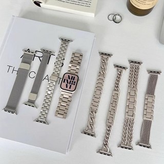 애플 워치 메탈 스트랩 시계줄 슬림 밴드, 스타 라이트 컬러 얇은 밀란, 49mm 울트라, 1개
