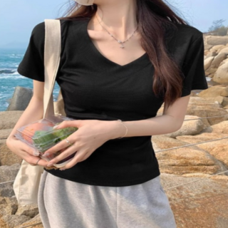 여성 스퀘어넥 반팔티셔츠 U넥 스판티