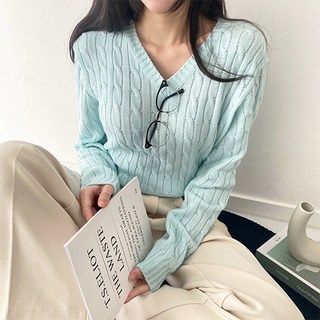 순이들 S.여성 여유핏 색감예쁜 꽈배기 브이넥 니트