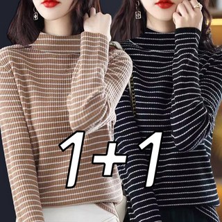 1+1 여성용 기모 스트라이프 반목티 따뜻한 풀오버 가을겨울 니트티 루즈핏 이너탑 니트