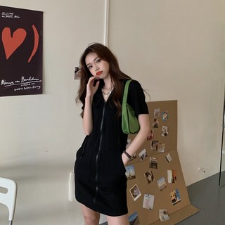 ANYOU 여성용 여름 원피스 지퍼 후드 순면 땀 흡수 미디 슬림 원피스