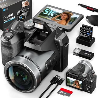 NBDDIGITAL 64MP 전문가용 디지털 카메라 사진 촬영용 오토포커스 5K 브이로그 유튜브용 16배 손떨림 방지 컴팩트 여행용 와이파이 및 앱 제어 플래시 SD 카드 2개, Black