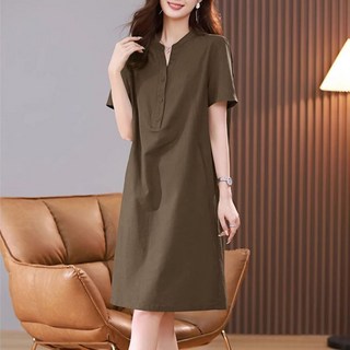 POMTOR 중년 여성 빈티지 빅사이즈 오버핏 미디 원피스 면 롱원피스 50대 봄원피스