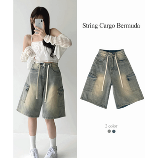 자스민벨 신드롬 버뮤다 빈티지 샌드 워싱 스트링 5부 카고 데님 팬츠 반바지 청바지 숏팬츠