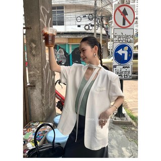 우아글로벌 노카라 반팔 여름 오버핏 자켓