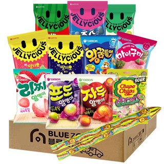 블루존몽땅젤리1세트 12종 (수박바젤리+죠스바젤리+청포도젤리+핵짱셔요후르츠+핵짱셔요콜라+자두알맹이+포도알맹이+리찌알맹이+왕꿈틀이+마이구미복숭아+츄파춥스사워게코+츄파춥스사워벨트1M) 1세트 상품 이미지