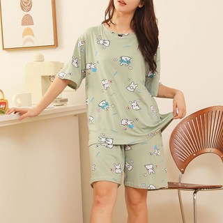 LEMOZIC 토끼 피치기모 여름 수면 잠옷 반팔 상하의 세트