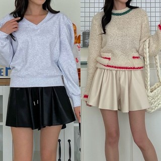 렛잇샤인 빅사이즈 여성치마바지 레더 인조가죽 허리밴딩 플레어 팬츠
