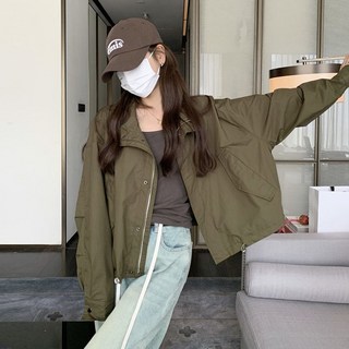 POMTOR 봄가을 여성 캐주얼 루즈핏 솔리드 스탠딩 칼라 카고 반코트 바람막이