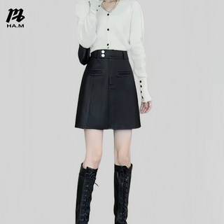 HAM 추동 PU 레더 스커트 하이웨스트 스커트 슬림핏 랩 A라인 스커트 하프 스커트