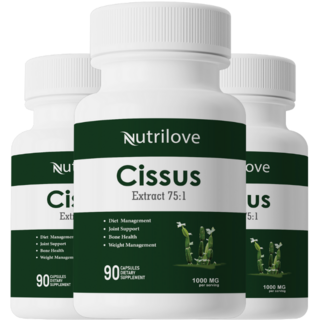 Nutrilove Cissus Quadrangularis 1000mg 고농축 75배 히말라야의 시서스 추출 파우더 캡슐에 케토스테로이드 20% 함유 90캡슐/병, 3개, 90정