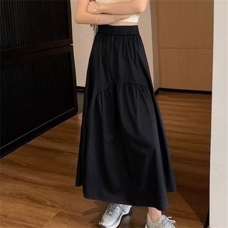 besteffie 여성용 봄여름가을 고무밴딩 허리 레이어드 디자인 편안한 면혼방 롱 기장의 스커트 K57