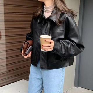 Beyond Nice 브라운 블랙 베이직 무광 숏카라 루즈핏 가오리핏 버튼 레자 데일리 가죽 라이더 자켓
