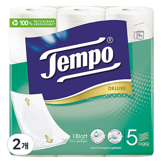Tempo 천연펄프 5겹 고급롤화장지, 11m, 9롤, 2개