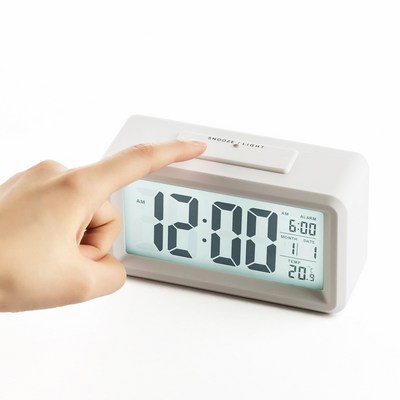 선없는 건전지 LCD 무선 탁상 스마트 야광 백라이트 거실 전자 무소음 알람 시계, 화이트