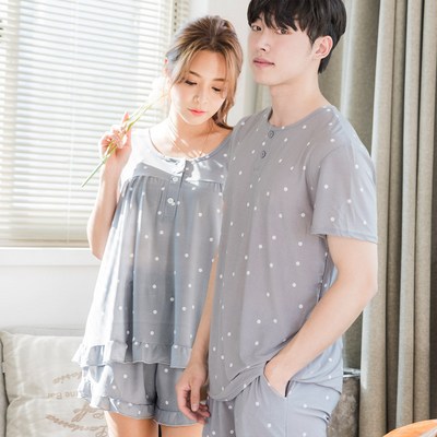 DOSSY 도씨 남여 커플 여름 마원단 냉장고 반팔 도트 마약잠옷 상하의 세트