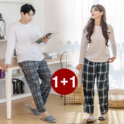 코튼원 커플 남여공용 체크 9부바지 1+1 세트