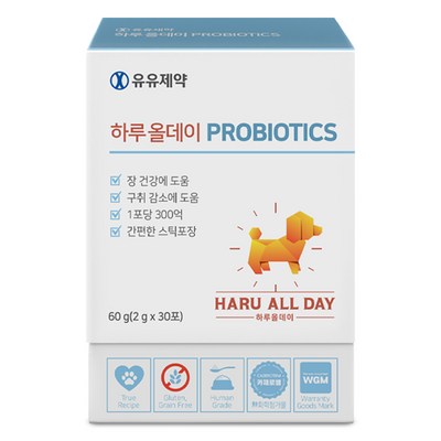 유유제약 하루올데이 PROBIOTICS 강아지 유산균 영양제 면역력 소화력개선 1포 300억 카제로템 신바이오틱스 2gx30포, 1개, 장건강/유산균_강아지의 건강을 지켜주는 하루올데이 강아지관절영양제