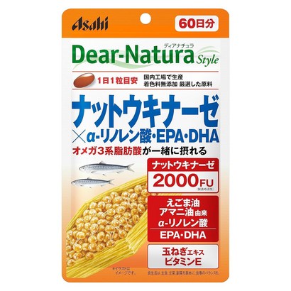 Asahi 디어 내츄라 스타일 낫토키나아제 2000FU X 알파 - 리놀렌산 EPA DHA 소프트젤, 1개, 60정