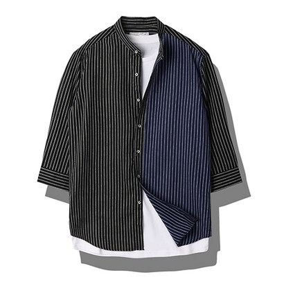 [바이훈] 남성 빅사이즈 블랙 스트라이프 비대칭 7부셔츠