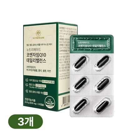 뉴트리메이드 유비퀴논 코엔자임Q10 100mg 코큐텐 바나바잎 홍국 혈압 혈당 케어 난임, 3개, 30정