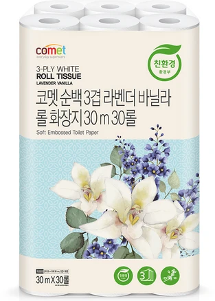 코멧 순백 3겹 라벤더 바닐라 롤화장지 30m, 30개입, 1개
