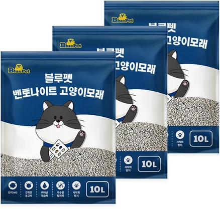 블루펫 응고형 벤토나이트 고양이 모래, 10L, 3개, 무향