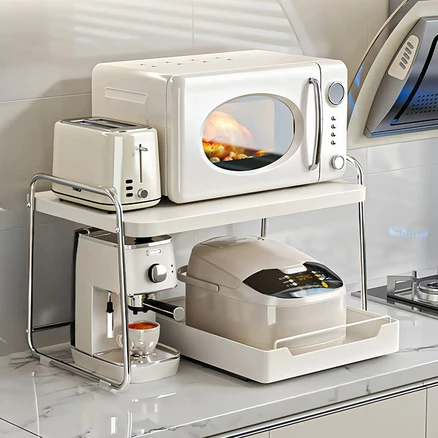 Curious Pony 전자레인지 선반 서랍선반 슬라이딩 스텐 밥솥 선반, 1단, 흰색(서랍 30cm 포함)