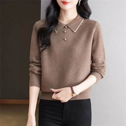 besteffie 여성 가을 겨울 긴팔 포근한 카라넥 니트 스웨터 단추 장식 캐주얼 베이직 스타일 여자 캐주얼 니트티 V15