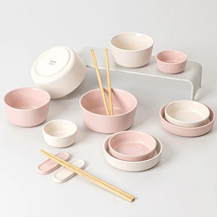 반디엠파이어 도자기 그릇 2인 홈세트 14p, 핑크 + 화이트, 1세트