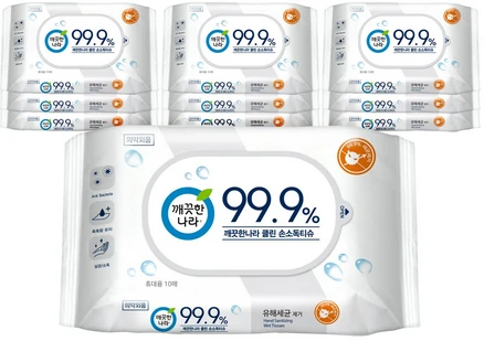 깨끗한나라 99.9% 손소독 물티슈 휴대용, 10매, 10개