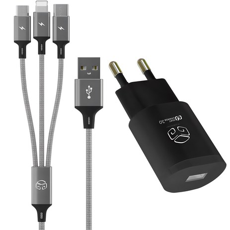 디지지 퀼컴 3.0 고속 충전 아답터 USB 1포트 18W + 3 IN 1 스카이 메타 멀티케이블 120cm, 블랙, 1개-추천-상품