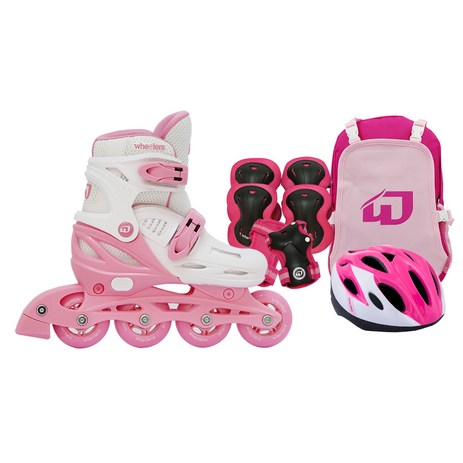 휠러스 아동용 에이스2 인라인스케이트 + 가방 + 보호대 + 헬멧 콤보 세트, 핑크-추천-상품