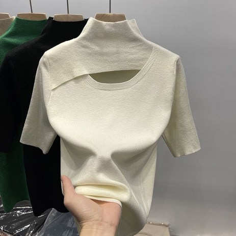 새로운 여름 여성 골프 의류 여성 골프 탑 패션 의류 중공 디자인 미들 칼라 하프 하이 칼라 반팔니트 짧은 소매 니트 스웨터 여성 하프 슬리브 스웨터 뉴 미드 슬리브 베이스-추천-상품