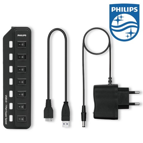 필립스-USB3.0-7포트-유전원-허브/SWV3817/개별-스위치/5Gbps-전송속도/USB3.0-포트-확장/블루-LED/아답터-포함/다양한-USB-연결사용-추천-상품