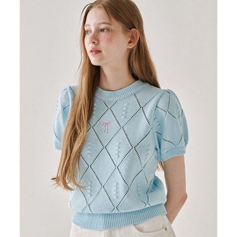 론론 RONRON DIAMOND SCOTCH PUFF SHORT SLEEVE KNIT SOFT BLUE-추천-상품