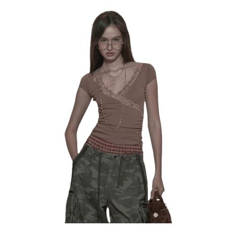 (정품매장판) SCULPTOR Lace Trim Wrap Tee Latte 1131816-추천-상품
