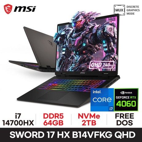 MSI 소드 17 HX B14VFKG QHD RTX4060 i7-14700HX, Free DOS, 64GB, 2TB, 그레이-추천-상품