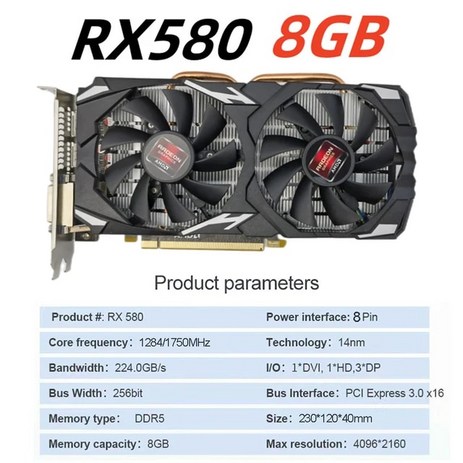 RX580 게임용 비디오 카드 컴퓨터 그래픽 PCI-E X16 DDR3 HD VGA DVI GPU 디스플레이 PC 액세서리 1 GB 2 4 8GB, 05 RX580 8GB DDR5_01 CHINA-추천-상품