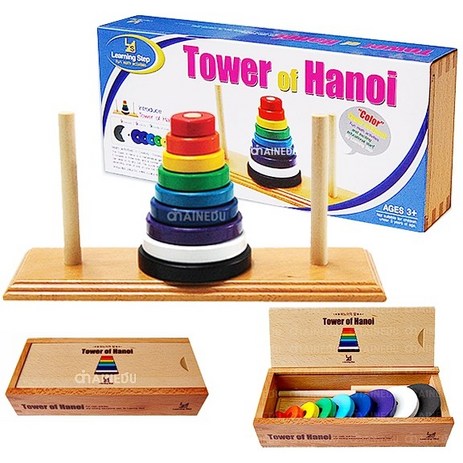 원목 하노이타워 하노이탑 9단 수학 학습 교구 (원목케이스 포함) Wooden Tower of Hanoi Intellectual Toy Brain Teaser 9 Rings, 1세트-추천-상품