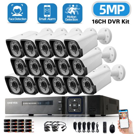 영어 설명서 DVR CCTV 안전 촬영 시스템 16채널 5MP DVR 세트 실외 방수 얼굴 검측 영상 모니터링 및 촬영 시스템, 없다, 미국 플러그, 16채널 DVR16PCS 캠-추천-상품