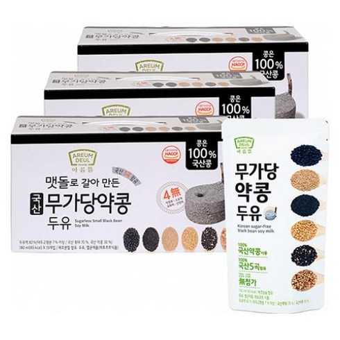 맷돌로갈아만든검은콩두유180ml100팩 - [본사직영] 아름뜰 맷돌로 갈아만든 국산 무가당 약콩 두유 45팩, 180ml, 45개