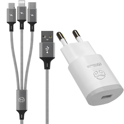 휴대폰충전기 - 디지지 퀼컴 3.0 고속 충전 아답터 USB 1포트 18W + 3 IN 1 스카이 메타 멀티케이블 120cm, 화이트, 1개