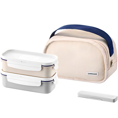 도시락통 - 락앤락 데일리 코튼 도시락 + 가방 세트 직사각 2단, 아이보리 + 그레이, 1세트